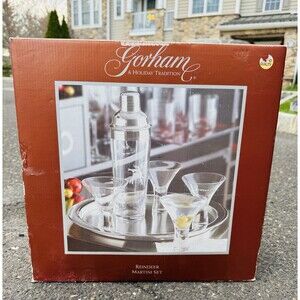 Gorham Reindeer Martini Set Glass Shaker 4 Glasses Tray Holiday Barware Set Box